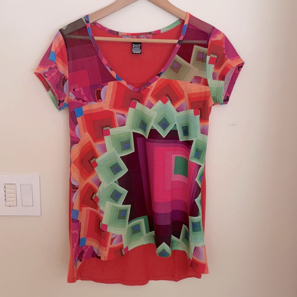 Colorful A-Line Top with Sheer Insert